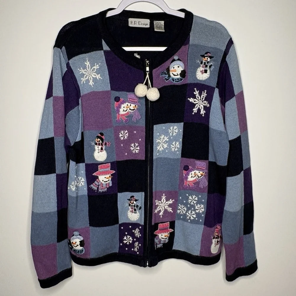 Vtg 90s BP Design Patchwork Snowman Zip Cardigan L Whimsigoth Grandmacore Kitsch